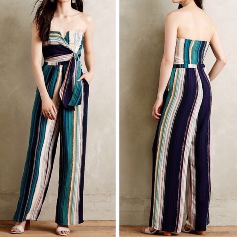 Anthropologie Elevenses strapless striped wide leg jumpsuit